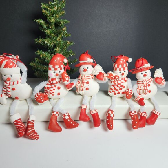 Snowman Christmas Ornaments Bendable Set of 5 SnowWoman Hang Sit - Picture 6 of 6